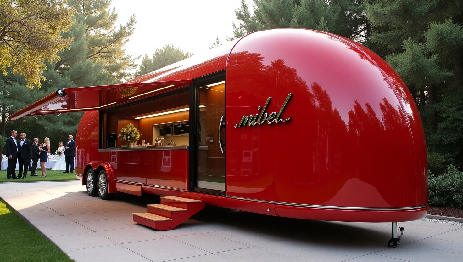 Red MIBEL Capsule mobile hospitality unit deployed at an outdoor event