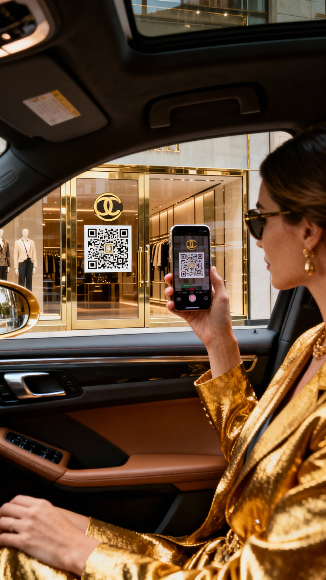 Shopper scanning a storefront Quicklist QR code with her phone to open the store's digital catalogue