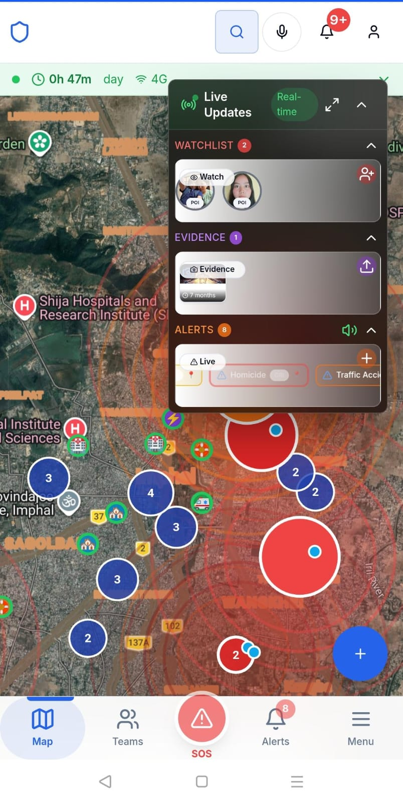 Police Command live operations map with unit clusters, alerts and real-time incident updates