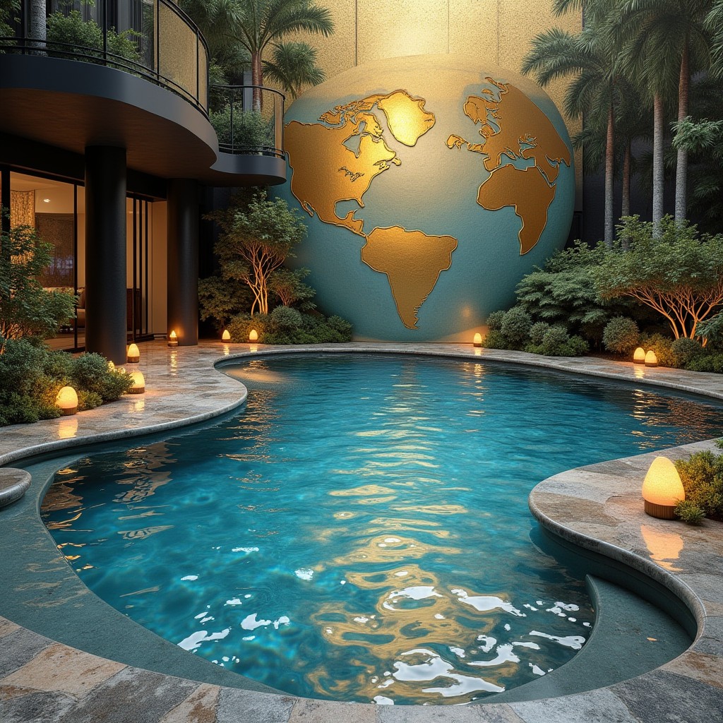 Free-form engineered MIBEL swimming pool lit at dusk in a landscaped courtyard