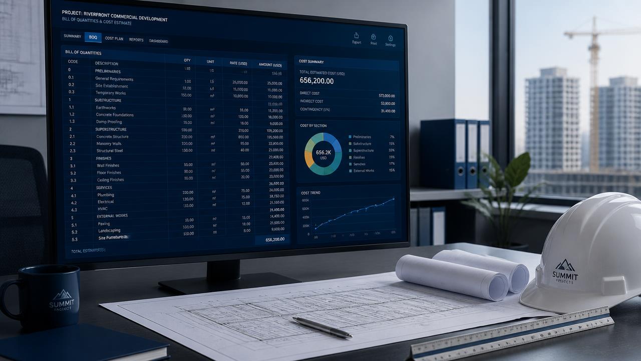 Bill of quantities and cost estimation dashboard on screen beside project drawings