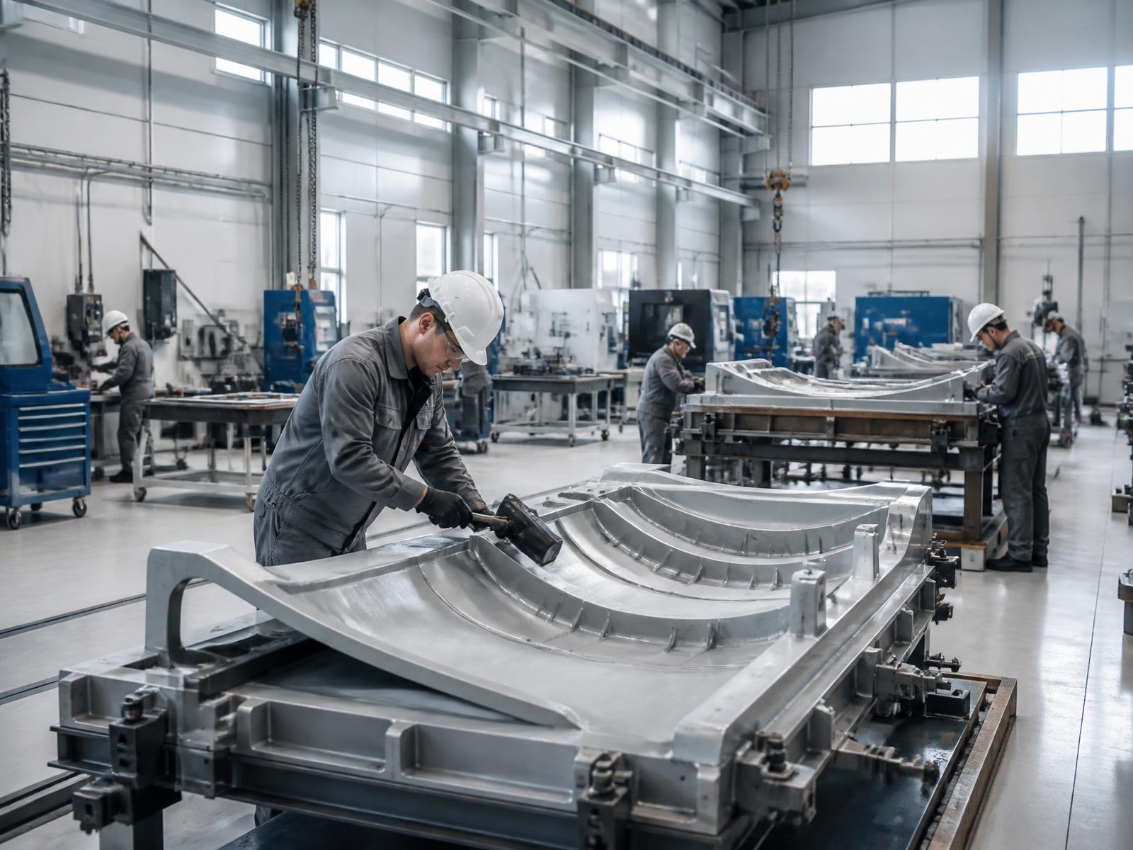 Technicians working on large-format moulds inside a modern manufacturing facility