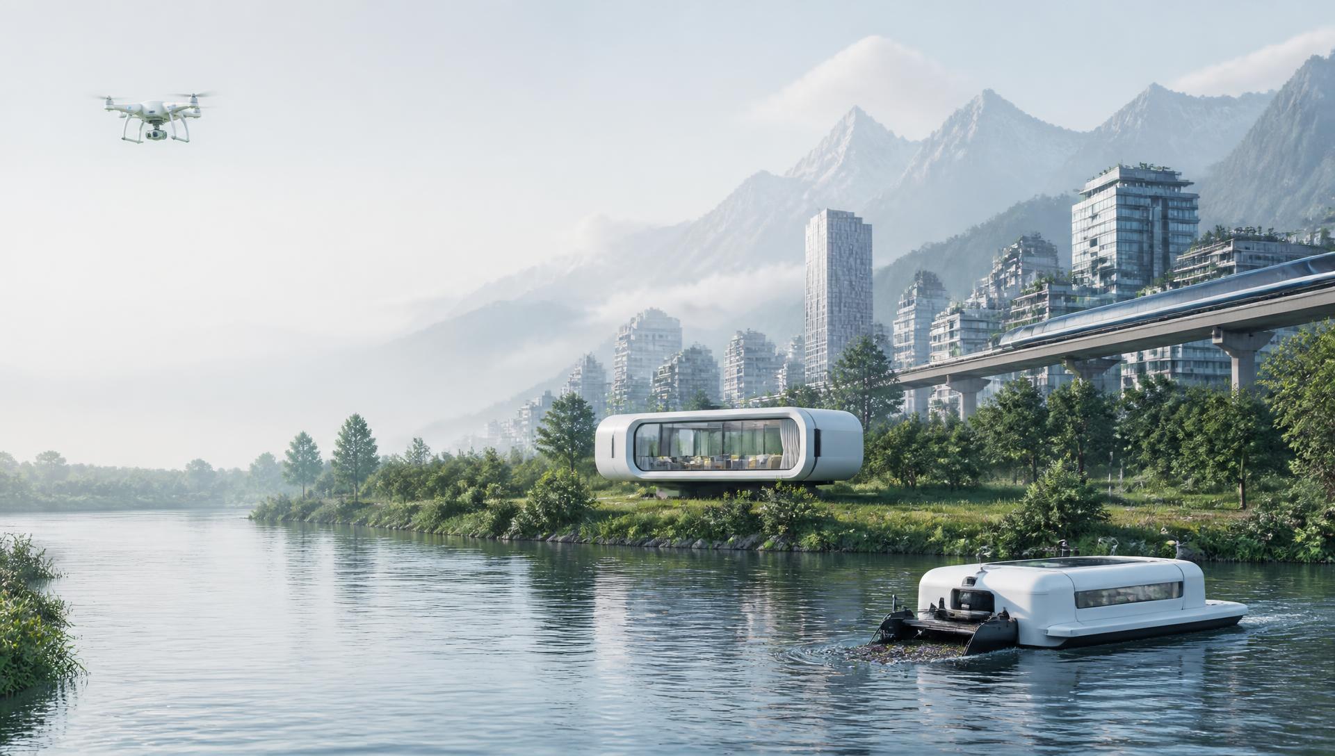 A modular MIBEL capsule home beside a river with a river-cleaning boat, survey drone and a future-ready smart city skyline