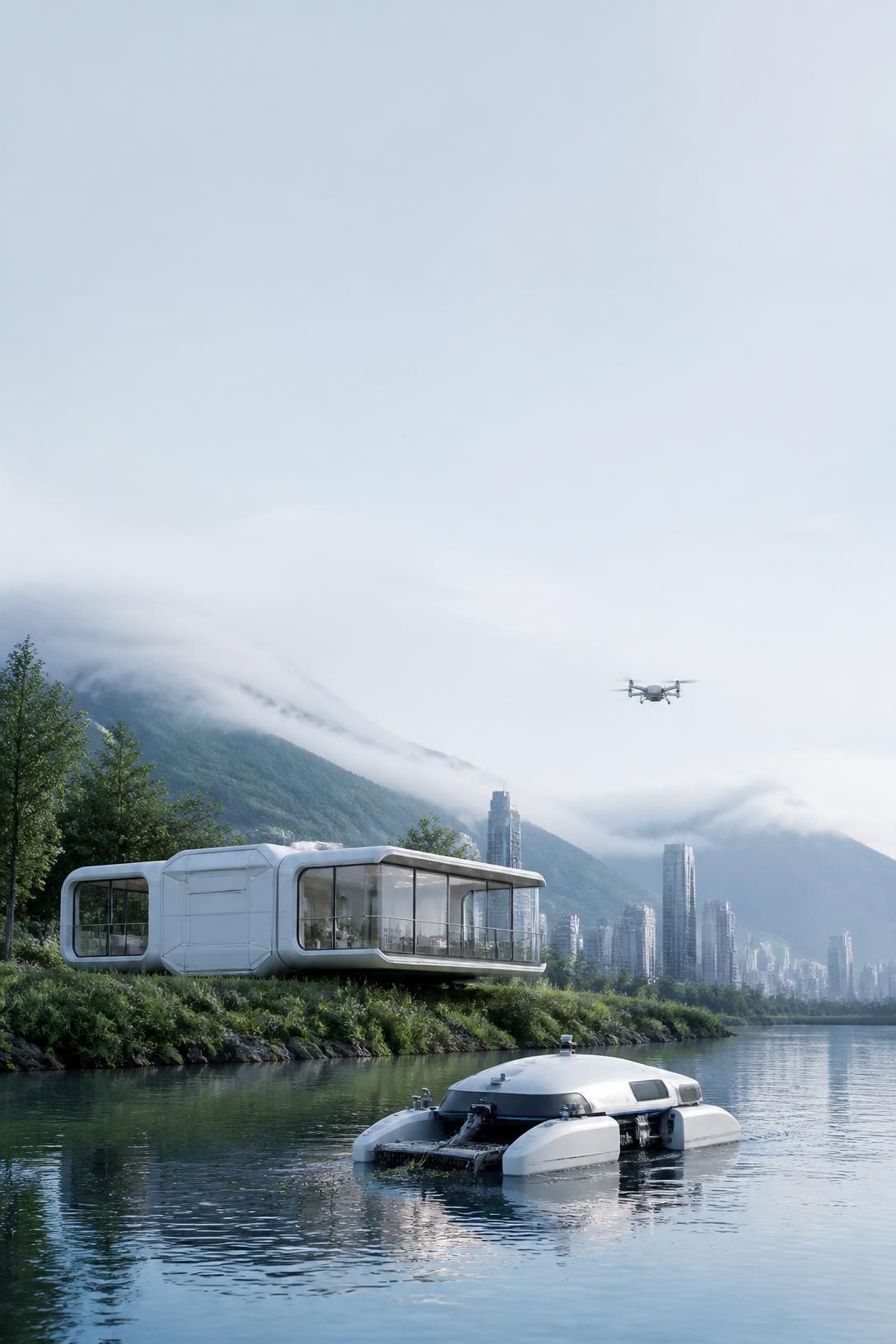 MIBEL capsule home on a riverbank with a river-cleaning boat and survey drone