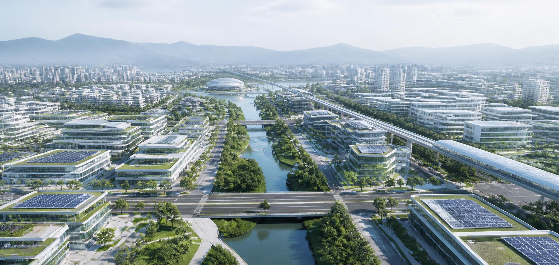Panoramic aerial view of a modern low-rise smart city with green corridors and elevated transit