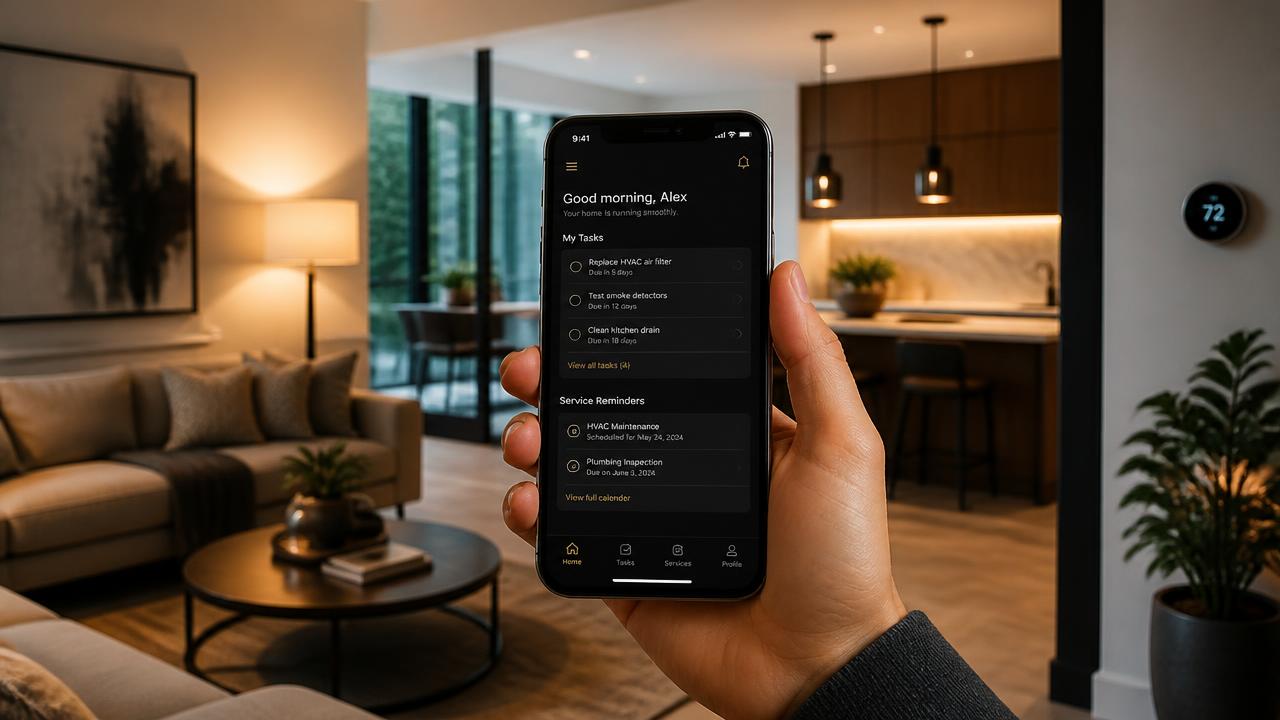 THOI AI home maintenance assistant open on a phone showing upkeep tasks and service reminders